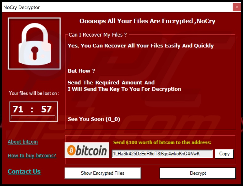 NoCry ransomware Lösegeldforderung (pop-up)