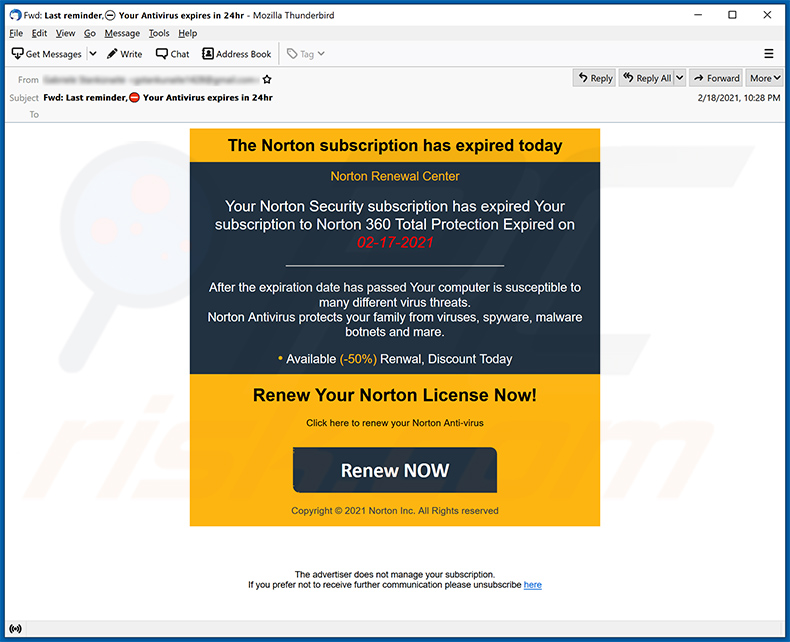 Norton Subscription Has Expired E-Mail-Betrug E-Mail-Spamkampagne