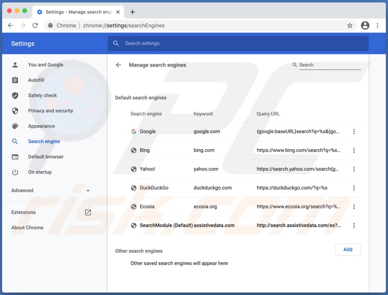 Der search.assistivedata.com Browserentführer auf einem Mac Computer