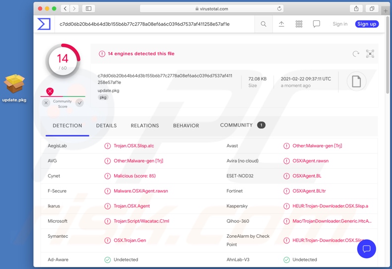 Silver Sparrow Malware alternative Variante Erkennungen eines Installationsprogramm bei VirusTotal