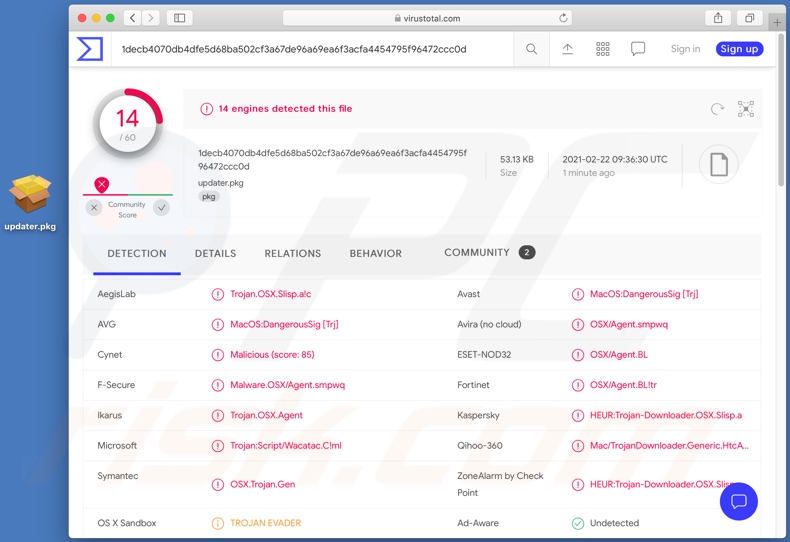 VirusTotal Erkennungen eines Installationsprogramms, das eine Variante von Silver Sparrow Malware enthält.