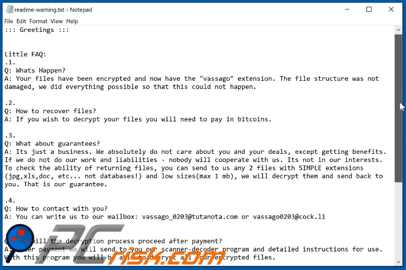Aussehen der Vassago Ransomware Textnachricht GIF (readme-warning.txt)