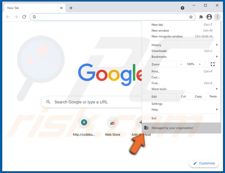 conf search Browserentführer fügt die managed by your organization Funktion hinzu