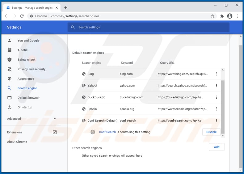 conf-search.com von der Google Chrome Standardsuchmaschine entfernen