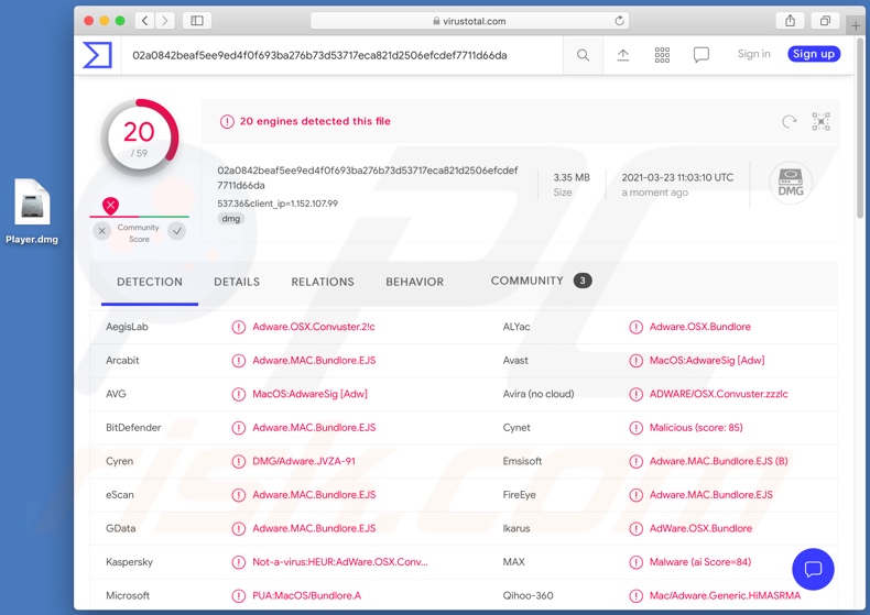 Convuster Adware Erkennungen auf VirusTotal