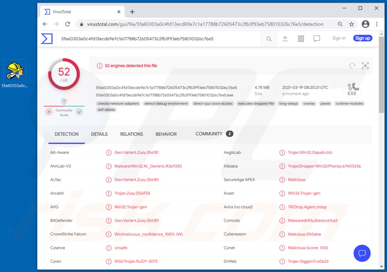 CopperStealer Malware Erkennungen auf VirusTotal