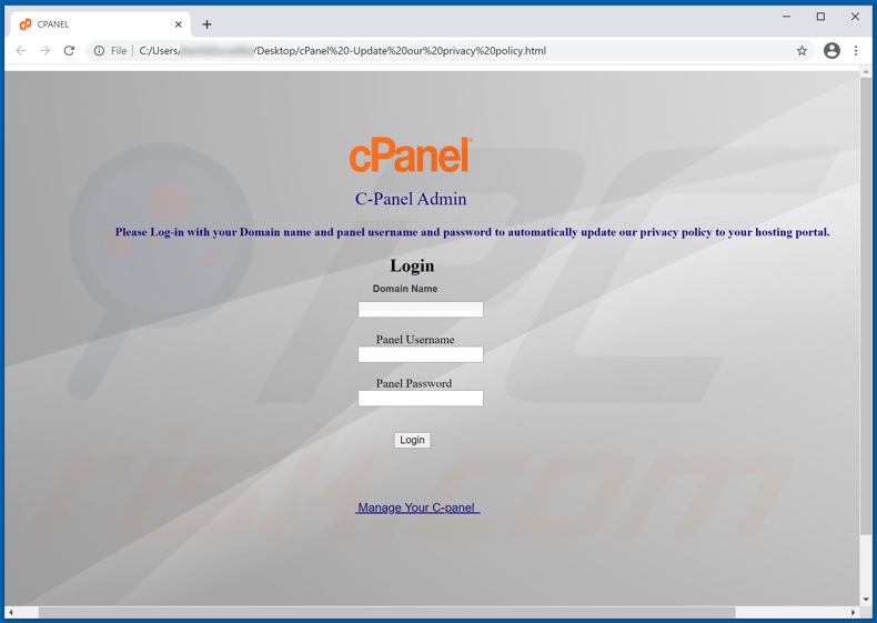 cPanel email scam Phishing Versuch