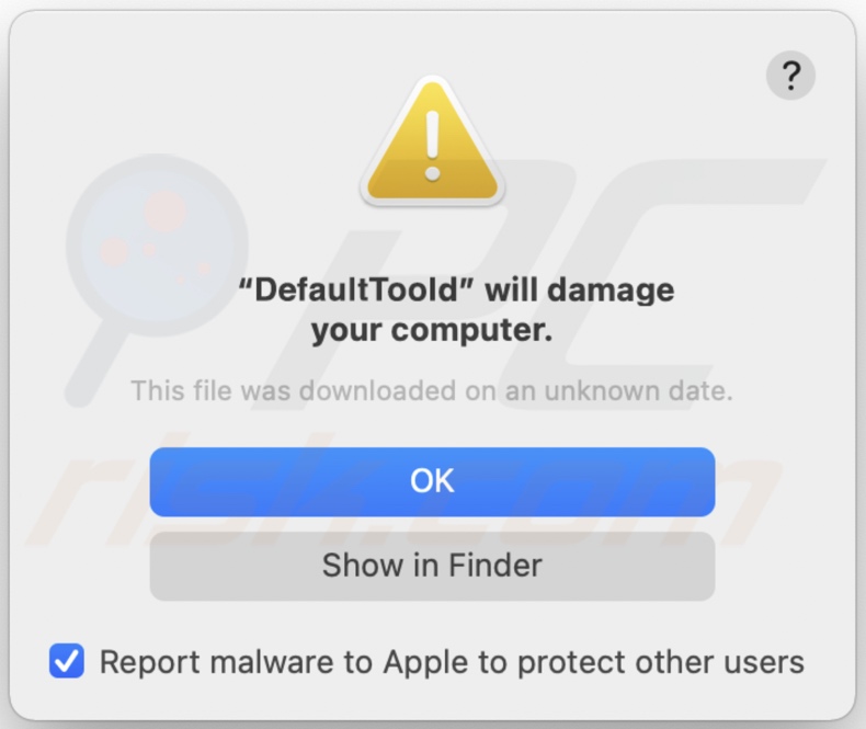 Angezeigtes Pop-up wenn DefaultTool Adware installiert ist