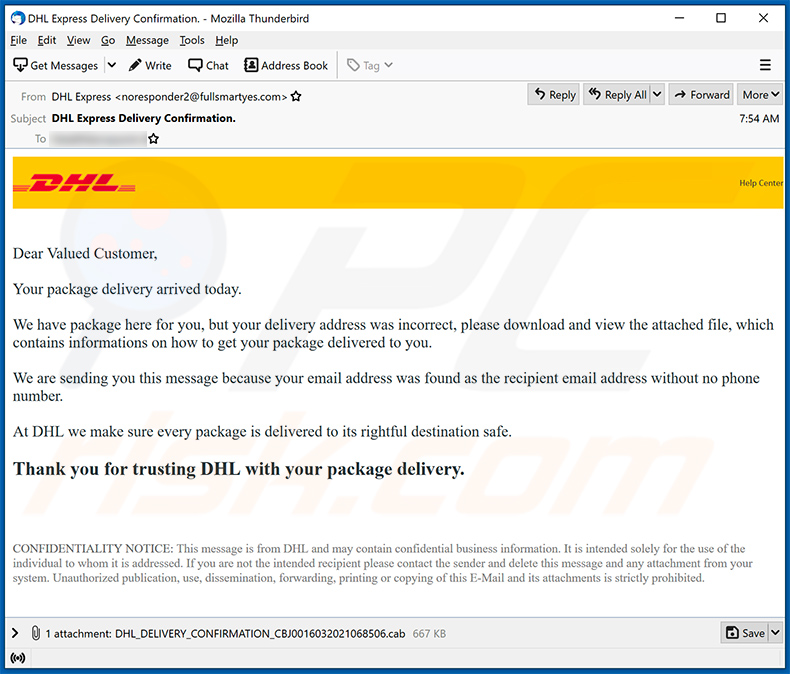Spam-E-Mail mit DHL Express-Thema, die Agent Tesla verbreitet (2021-03-17)
