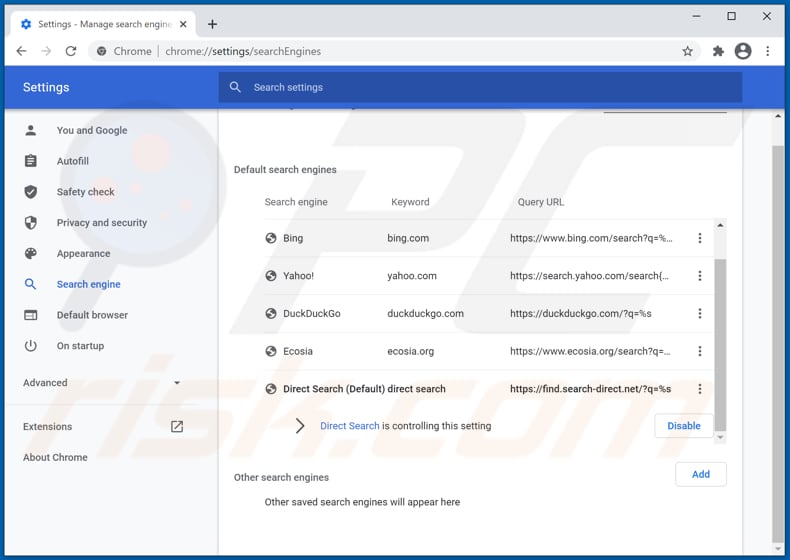 search-direct.net von der Google Chrome Standardsuchmaschine entfernen