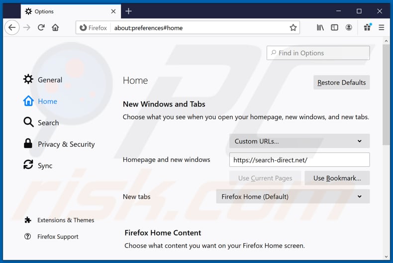 search-direct.net von der Mozilla Firefox Startseite entfernen