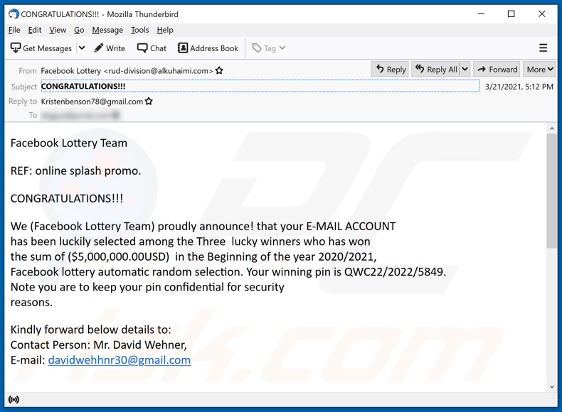 Facebook Lottery E-Mail-Spam-Kampagne