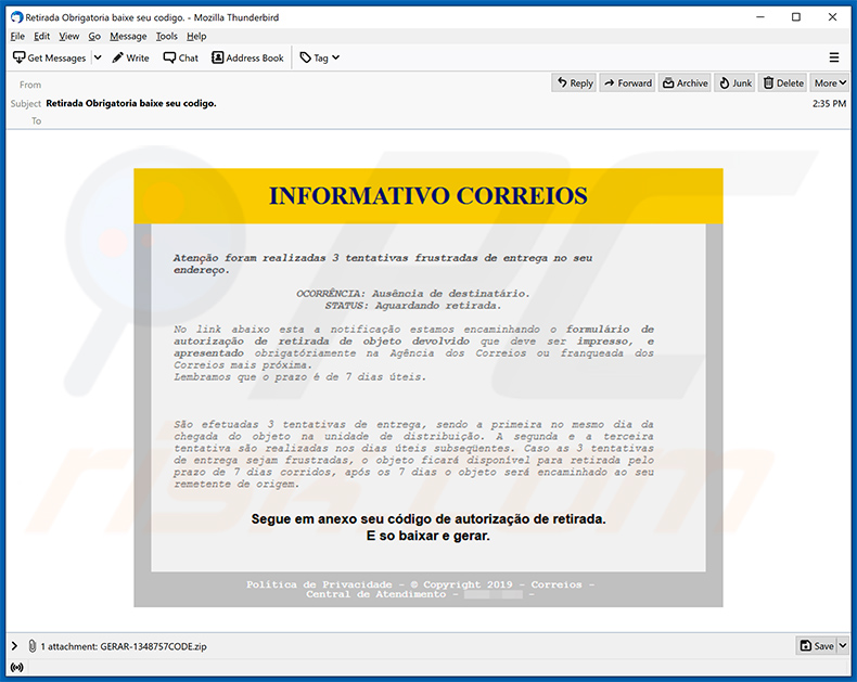 Spam E-Mail, die den Trojaner Javali (Ousaban) verbreitet