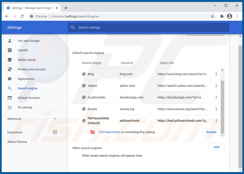 pdfsearchweb.com von Google Chrome der Standardsuchmaschine entfernen