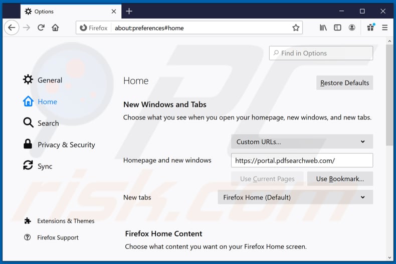 pdfsearchweb.com von der Mozilla Firefox Startseite entfernen