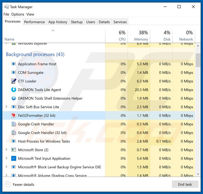 Bösartiger Prozess von Pecunia Ransomware fat32formatter im Task Manager