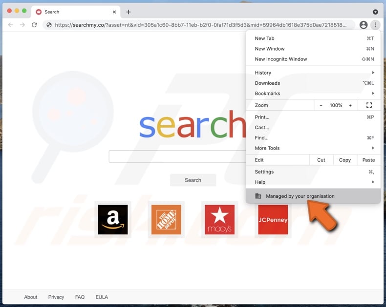 searchmy.co fördert Browserentführer hat die die Managed by your organization Funktion Chrome hinzugefügt