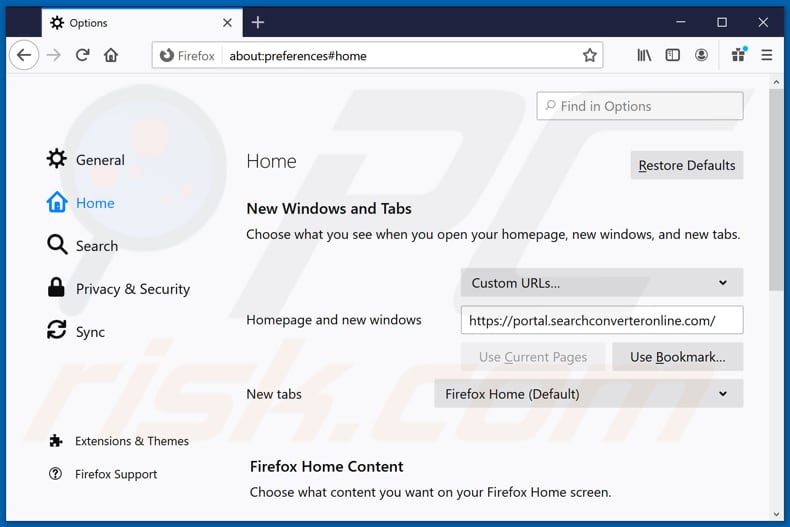 searchconverteronline.com von der Mozilla Firefox Startseite entfernen