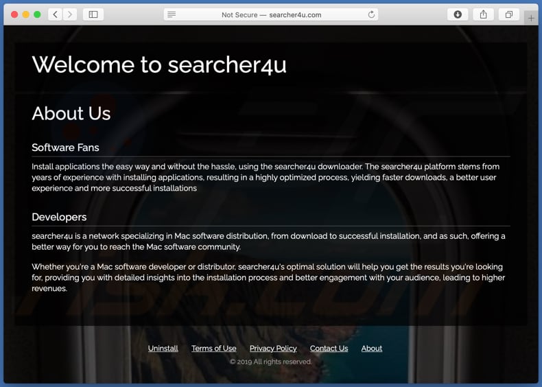 Dubiose Webseite zur Förderung des searcher4u.com Browserentführers
