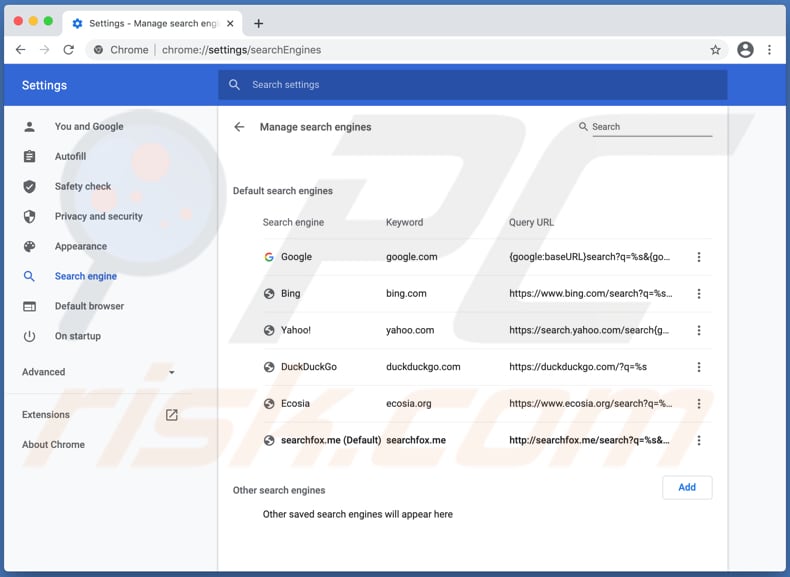 searchfox.me Weiterleitung gefälschte Suchmaschine in Einstellungen als Standardsuchmaschine