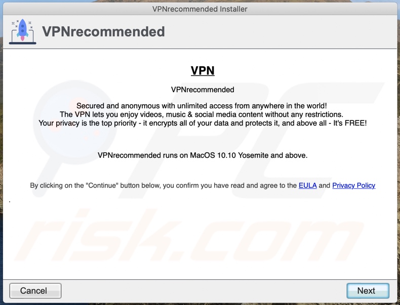 Zur Förderung von VPNrecommended verwendetes, betrügerisches Installationsprogramm (Schritt 2)