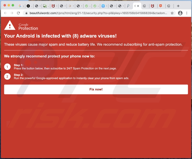 Your Android is infected with (8) adware viruses! Betrug Hintergrundseite