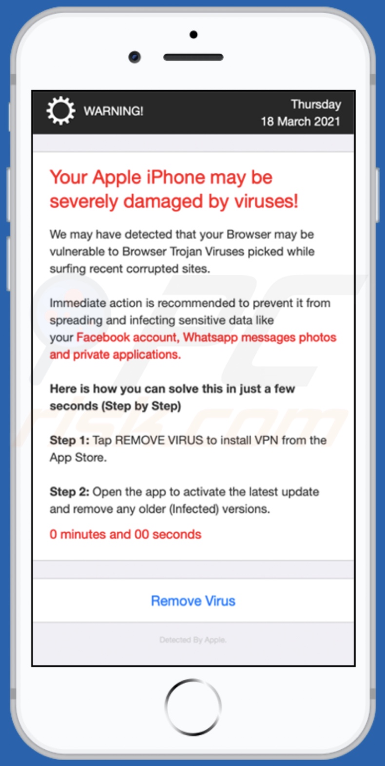 Your Apple iPhone may be severely damaged by viruses! Betrug Hintergrundseite