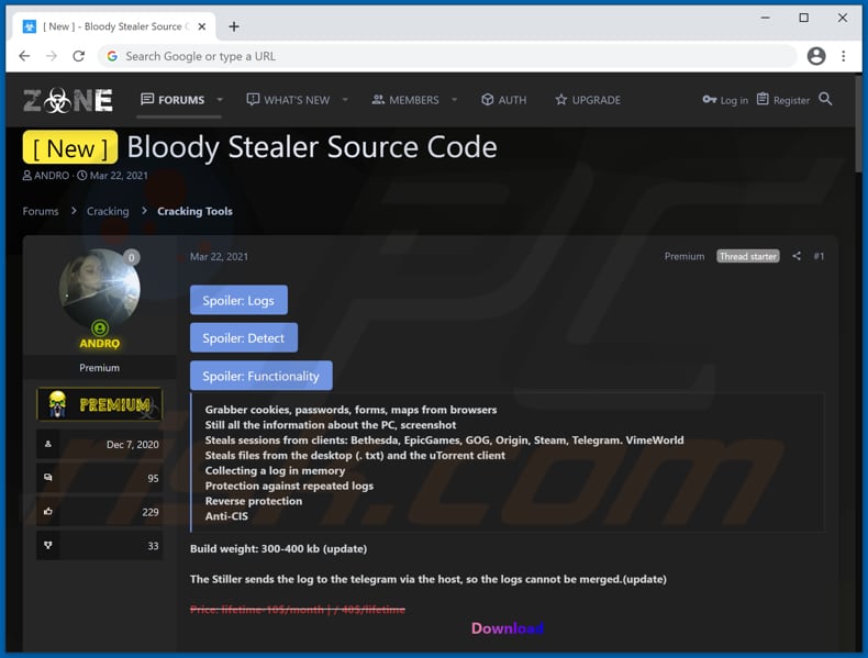 bloody stealer Malware zum Verkauf in einem Hacker-Forum