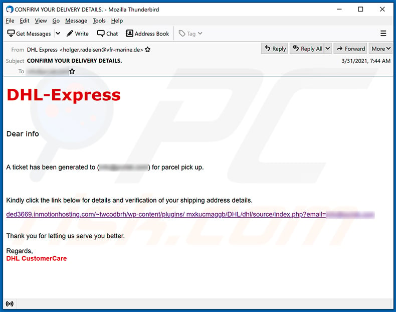 Spam-E-Mail mit DHL Express-Motiv, die für eine Phishing-Webseite wirbt (2021-04-01)