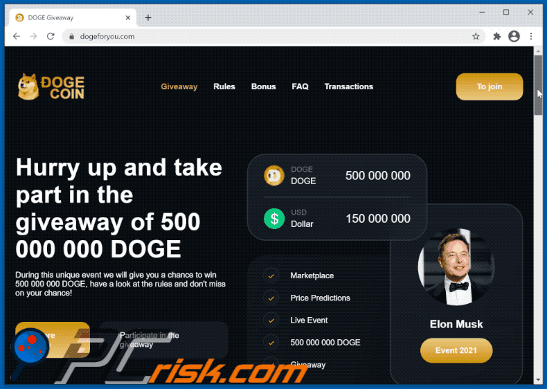 Elon Musk-basierte Doge giveaway Betrugswebseite - dogeforyou.com (2021-04-20)