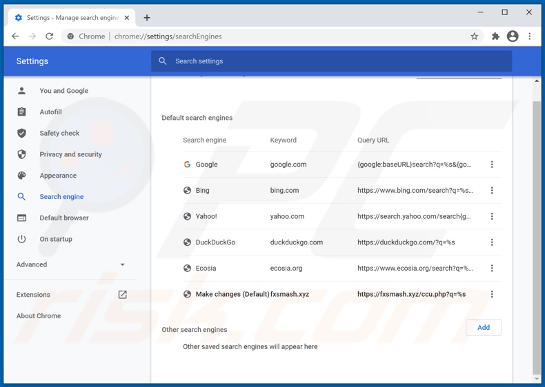 fxsmash.xyz von der Google Chrome Standardsuchmaschine entfernen