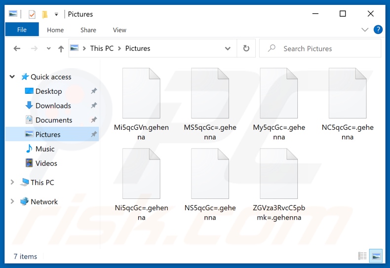 Von GEHENNA LOCKER Ransomware verschlüsselte Dateien (randomisierter Dateiname und .gehenna Erweiterung)