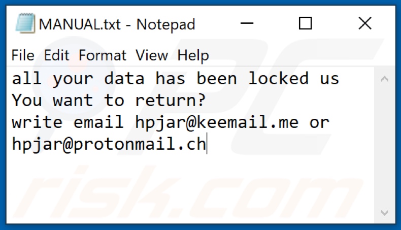 HPJ Ransomware-Textdatei (MANUAL.txt)