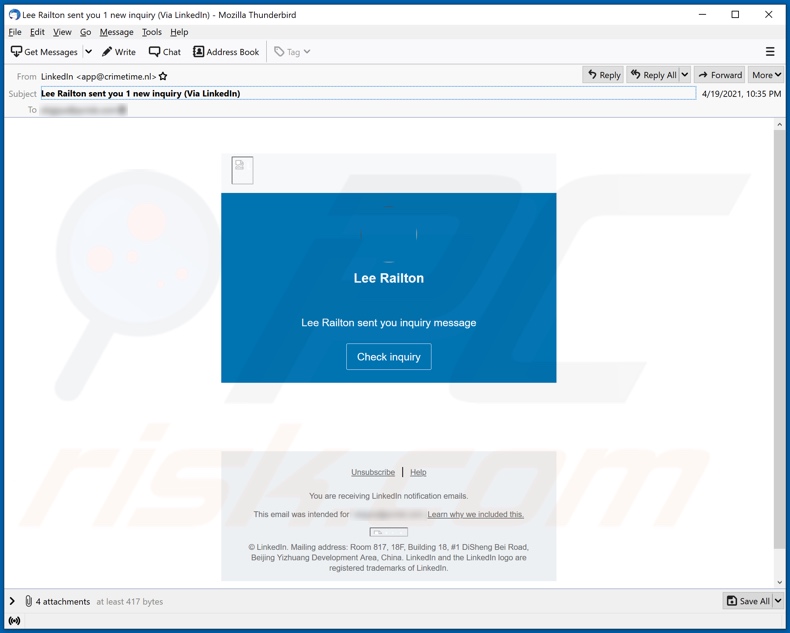 LinkedIn E-Mail Spam-Kampagne (Betreff/Überschrift - Lee Railton hat Ihnen 1 neue Anfrage geschickt (Über LinkedIn))