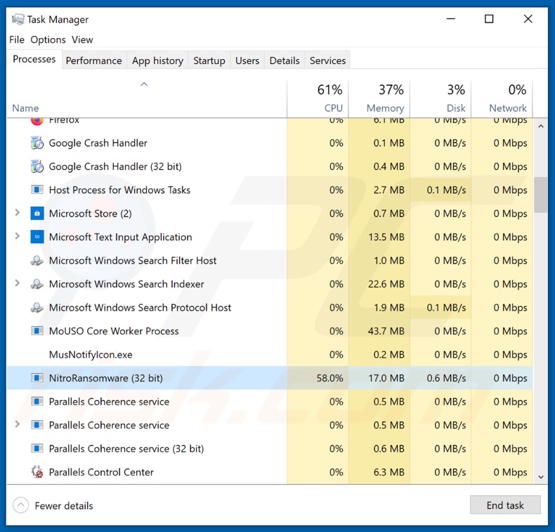 Nitro Ransomware Prozess im Task Manager (NitroRansomware - Prozessname)