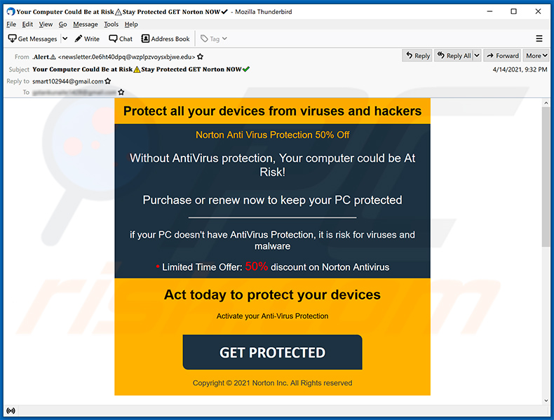 Norton Anti Virus Protection 50% Off Betrugs-E-Mail (2021-04-15)
