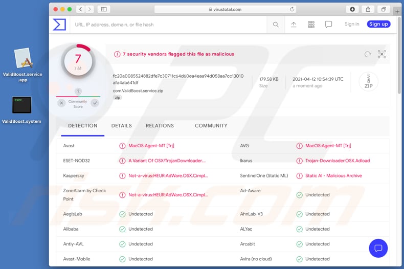 validboost Adware Virustotal Erkennungsliste