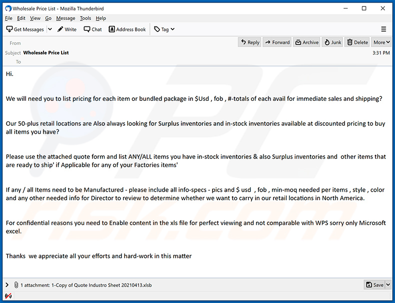Spam-E-Mail verbreitet Warzone RAT über ein angehängtes MS Excel Dokument