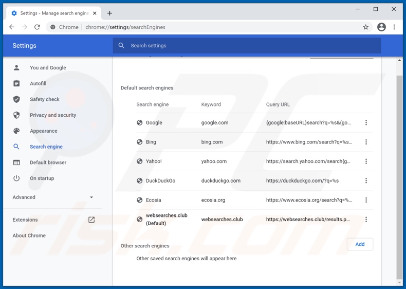 websearches.club von der Google Chrome Standardsuchmaschine entfernen