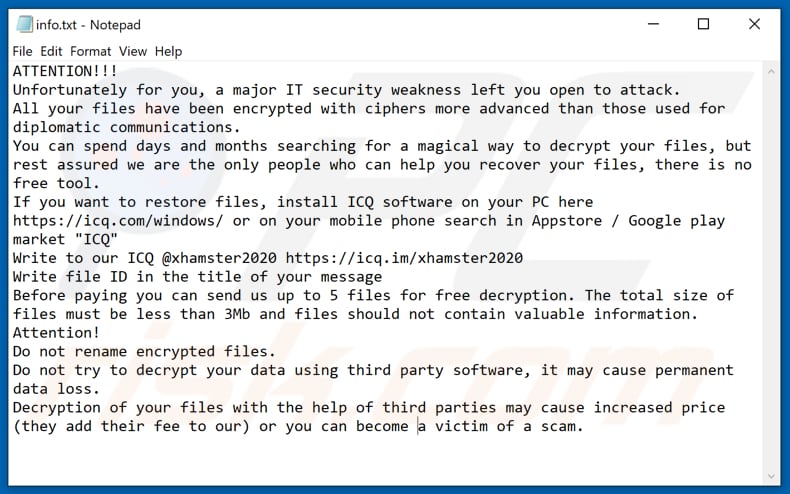 XHAMSTER Ransomware Textdatei (info.hta)