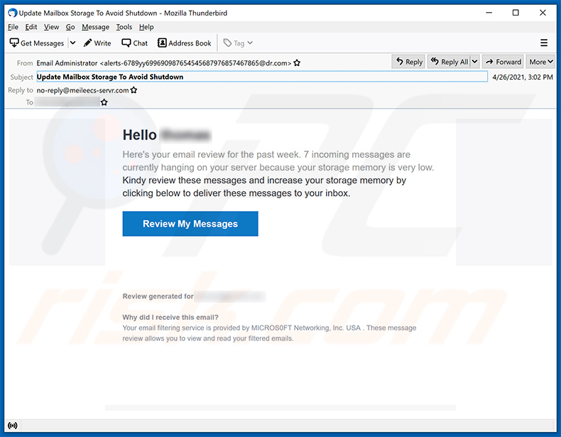 Spam-E-Mail mit dem Thema Ihre Mailbox ist voll (2021-04-27)