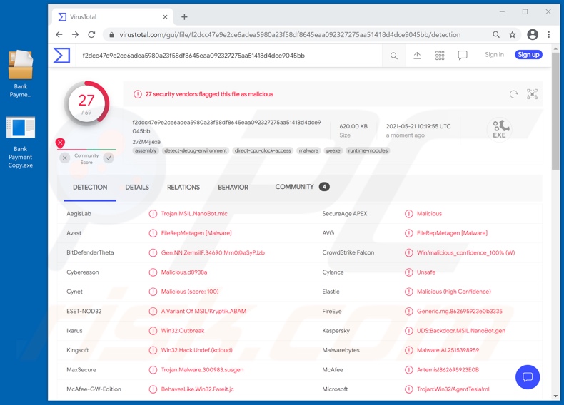 Bank Payment Copy E-Mail-Virus Anhang Erkennungen (Bank Payment Copy.exe Dateiname)