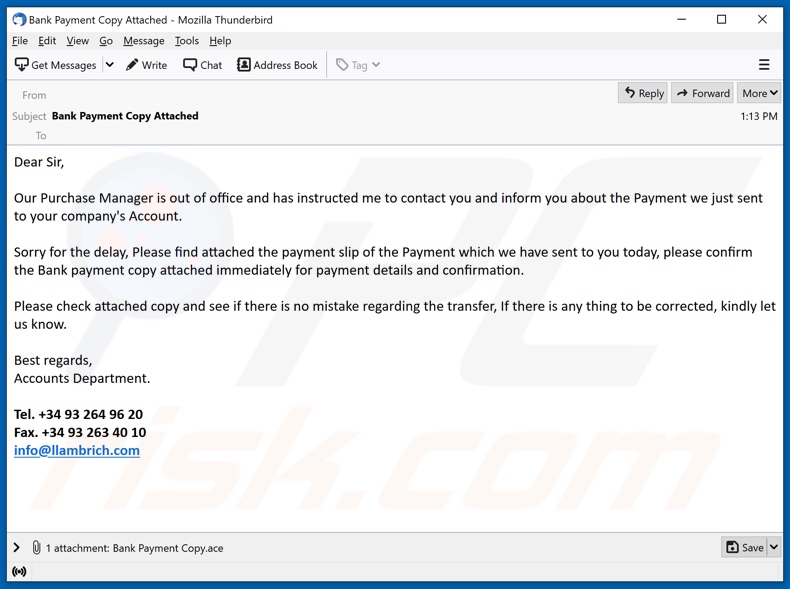 Bank Payment Copy Malware-verbreitende E-Mail-Spam-Kampagne
