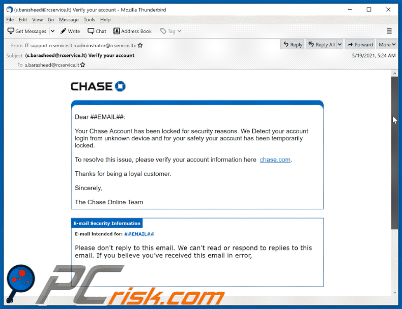 Aussehen des chase account has been locked E-Mail-Betrugs