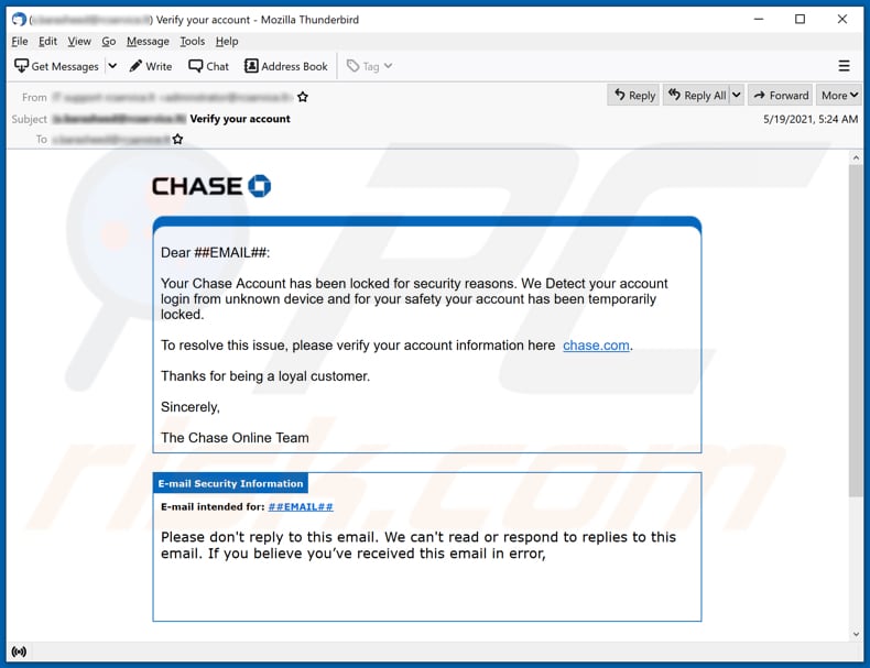 Chase account has been locked E-Mail-Betrug E-Mail Spam-Kampagne
