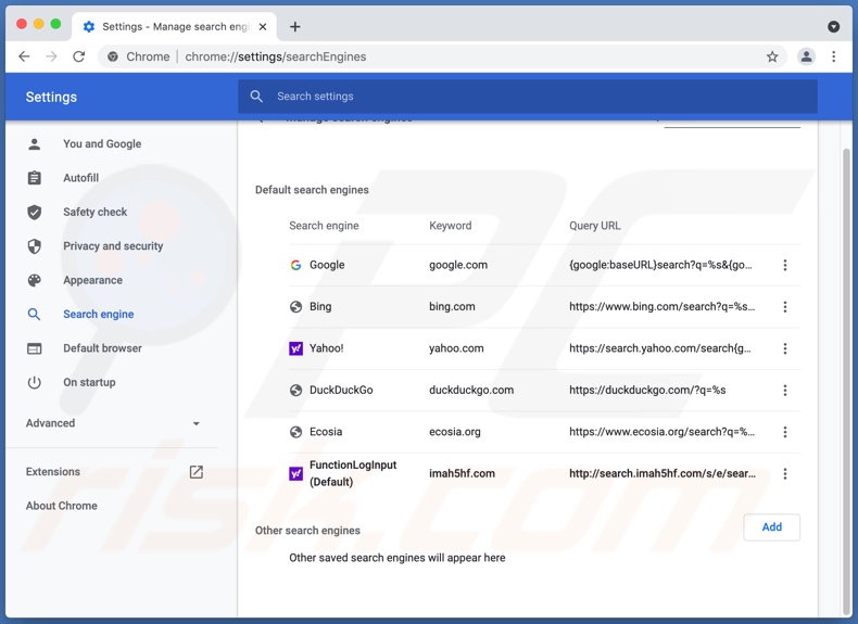 search.imah5hf.com als Standardsuchmaschine bei Chrome eingestellt