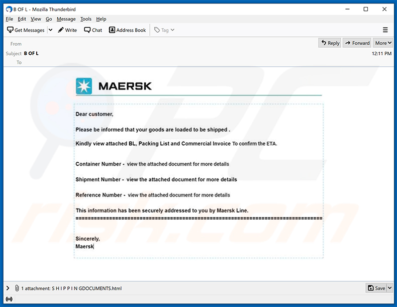 Spam-E-Mail mit dem Thema Maersk fördert eine HTML Datei für Phishing