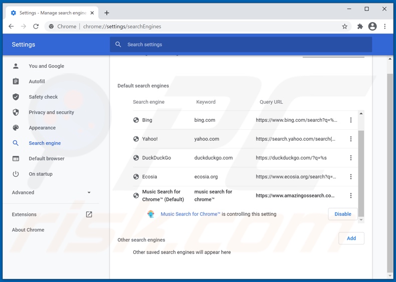 amazingossearch.com von der Google Chrome Standardsuchmaschine entfernen