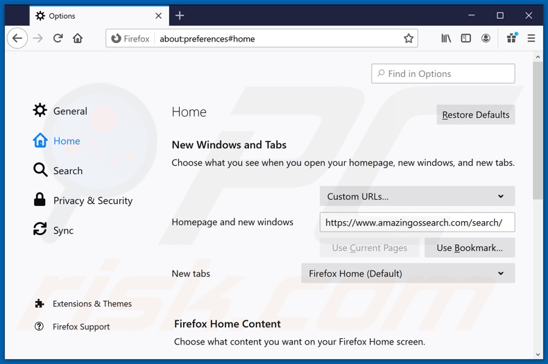 amazingossearch.com von der Mozilla Firefox Startseite entfernen