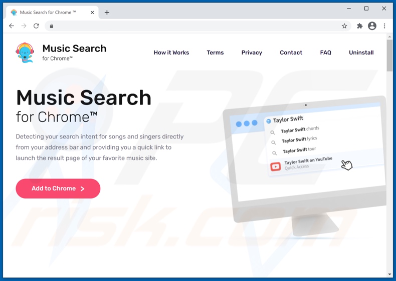 Webseite zur Förderung des Music Search for Chrome Browserentführers
